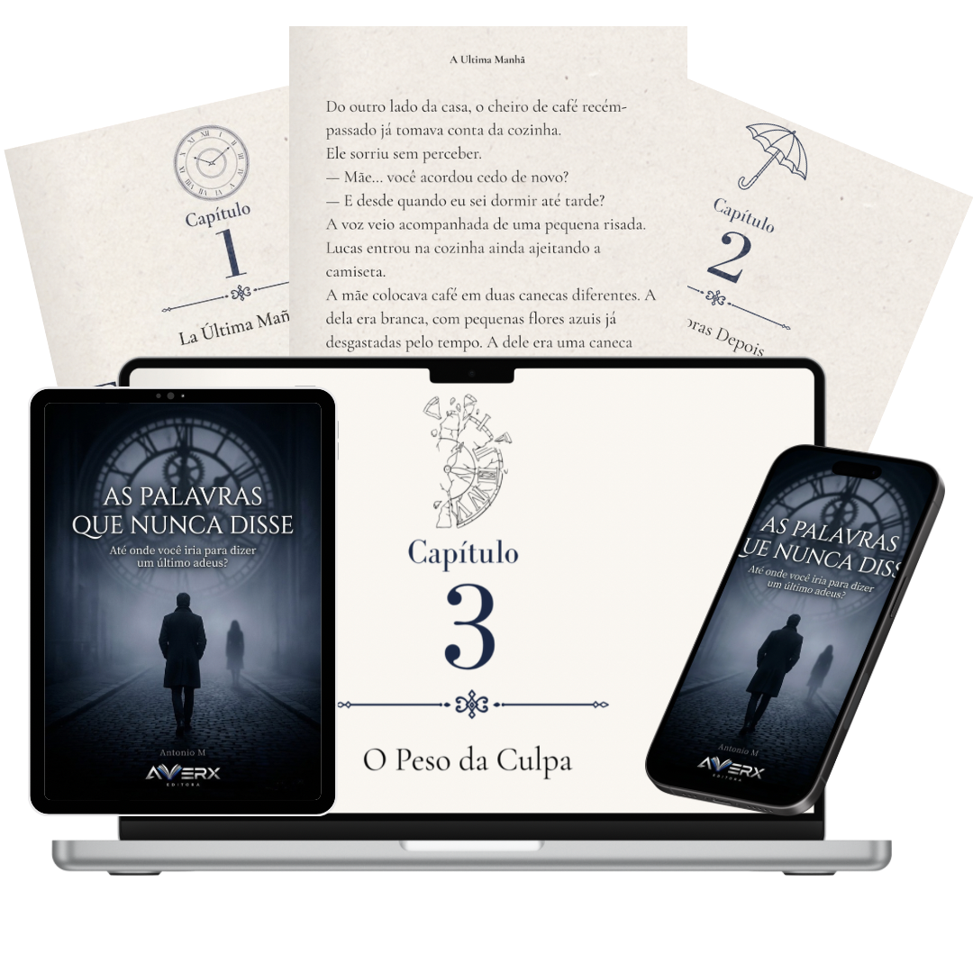 Mockup do livro As Palavras Que Nunca Disse em tablet, notebook e celular